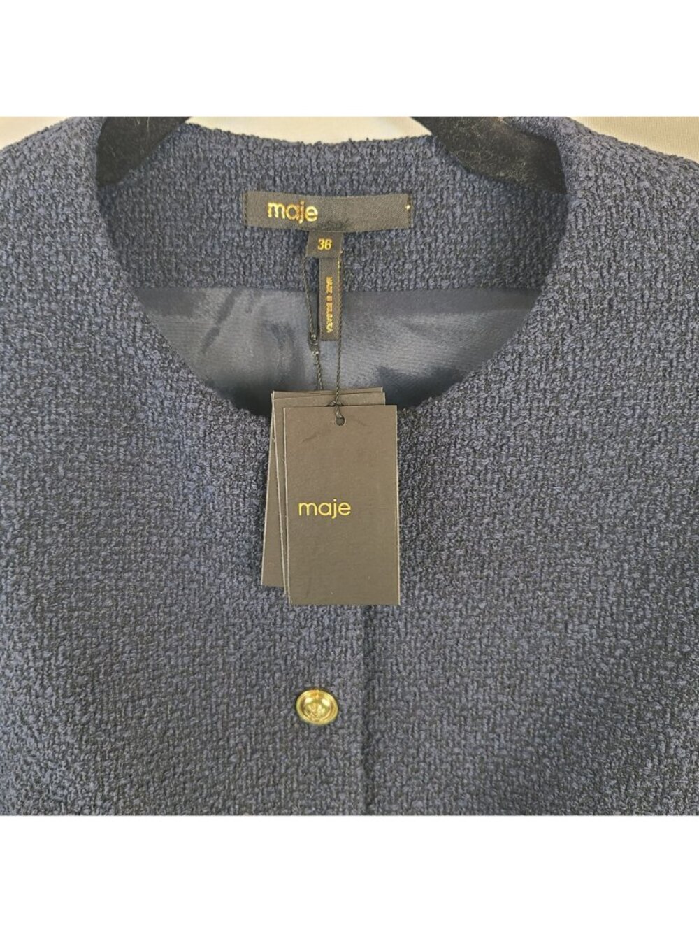 NEW Maje Navy Sleeveless Button-Front Tweed Vest With Gold-Tone Buttons Size 36 - Picture 2 of 5